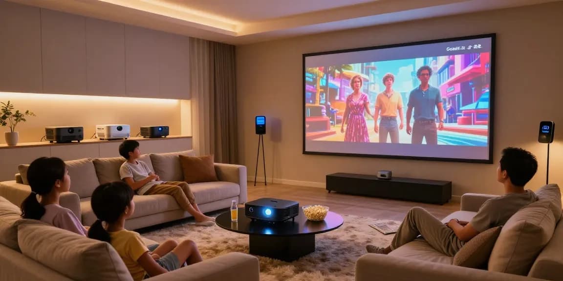 Family enjoying the best projector 2026 in a cozy home theater setting with smart home devices.