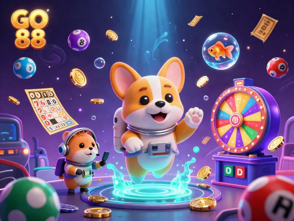 Experience the excitement of GO 88 in this vibrant space casino scene with floating treasures and animated elements.