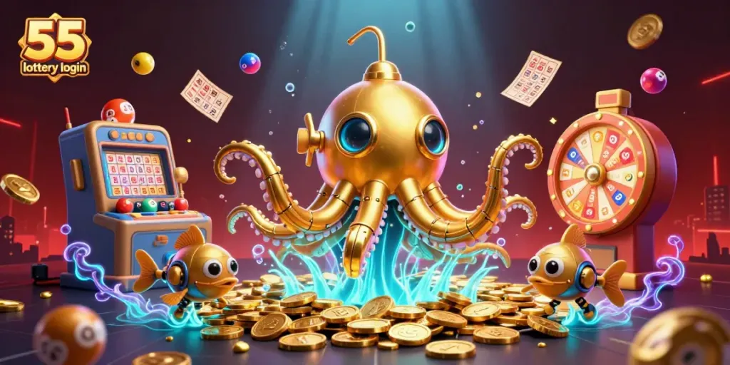 Engage in exciting games with 55 lottery login, featuring vibrant prize wheels and lottery elements.