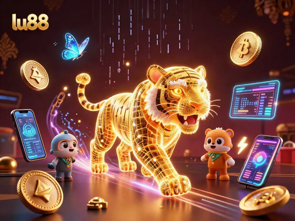 Experience the excitement of lu88 with a neon tiger in a vibrant casino landscape.