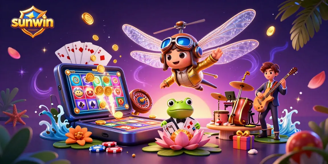 Experience thrilling games at sunwin with a lively dragonfly pilot, frog croupier, and jazz cricket in a vibrant casino scene.