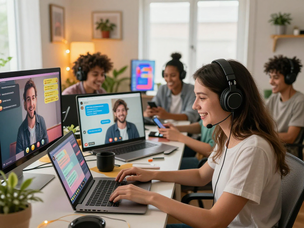 Engaging sex chat AI experience with diverse individuals interacting through virtual conversations in a cozy home office.
