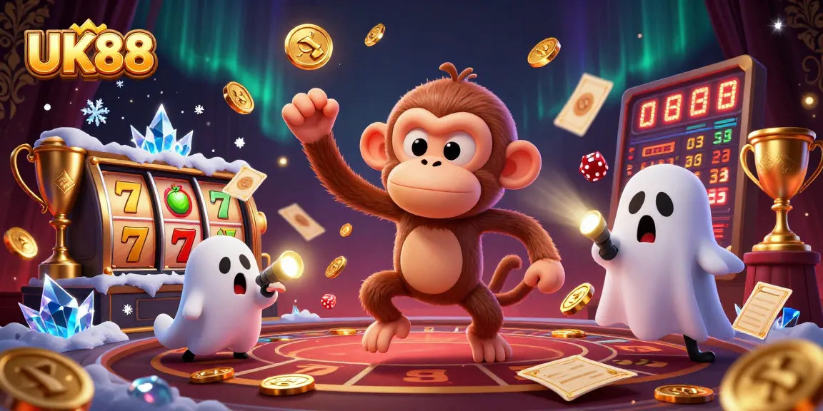 Experience the thrill of UK88 with a mischievous poltergeist monkey and ghost-hunter puppy in a lively casino scene.