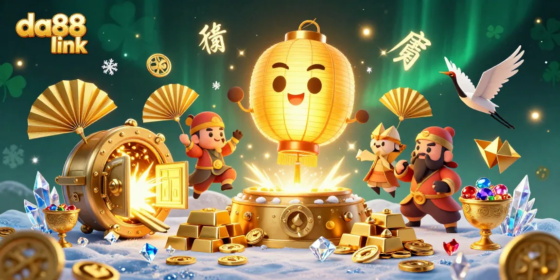Experience the thrill with da88 link featuring a golden lantern spirit among casino treasures.