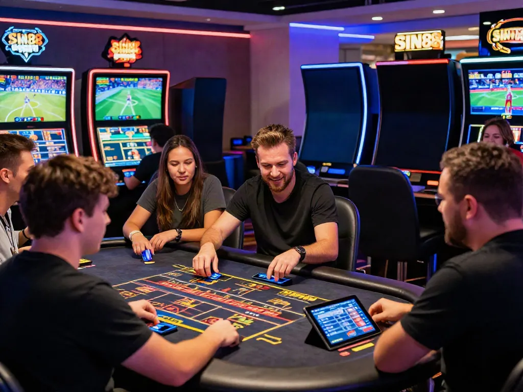 Exciting online casino atmosphere at http://sin88-onl.com/ showcasing diverse players, live dealers, and vibrant lighting.