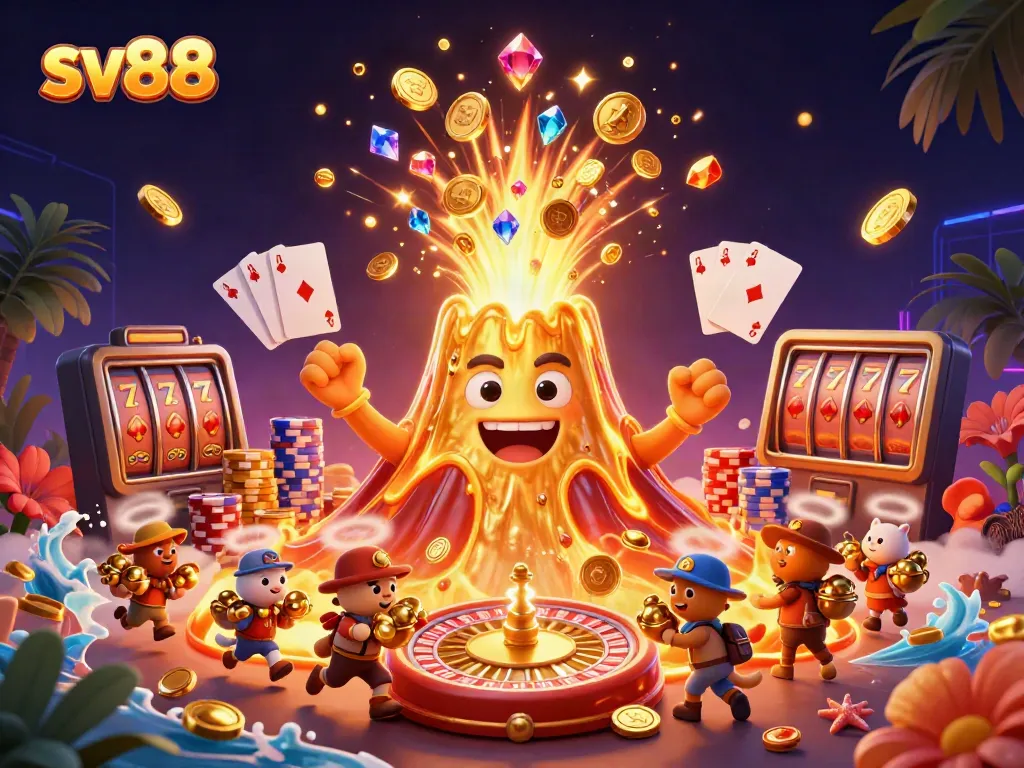 Experience sv88's thrilling adventure with a golden volcano and treasure amid the casino excitement.