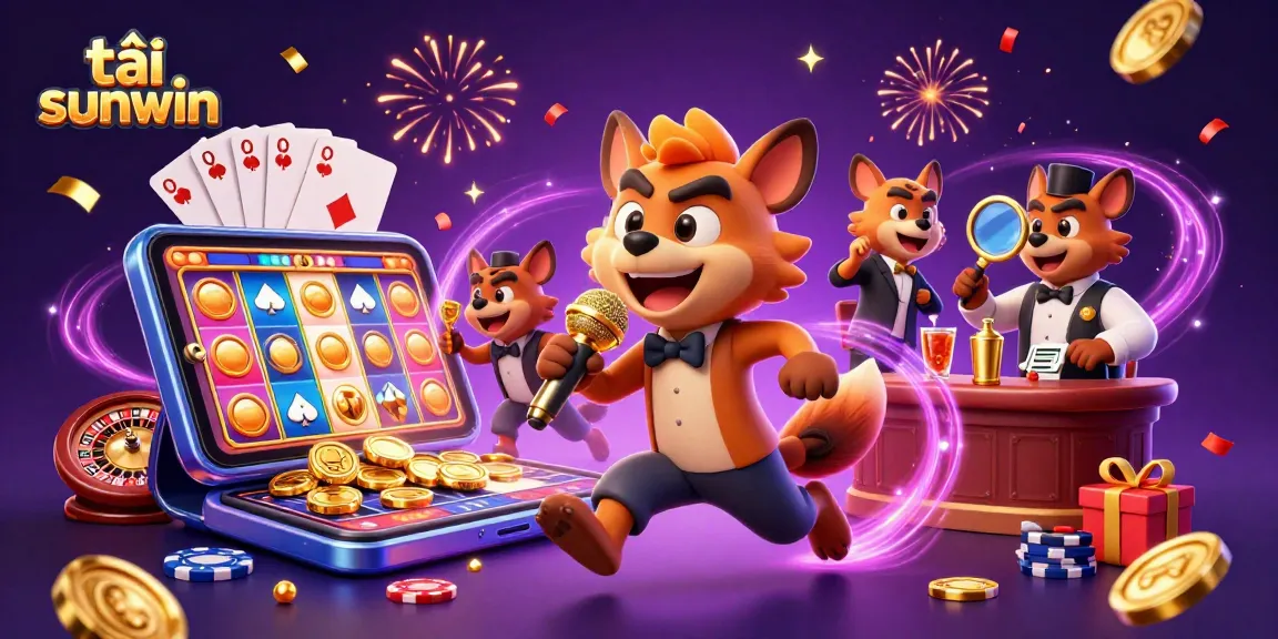 Engage in fun at tải sunwin with hyenas in a vibrant casino scene featuring slot games and celebratory elements.