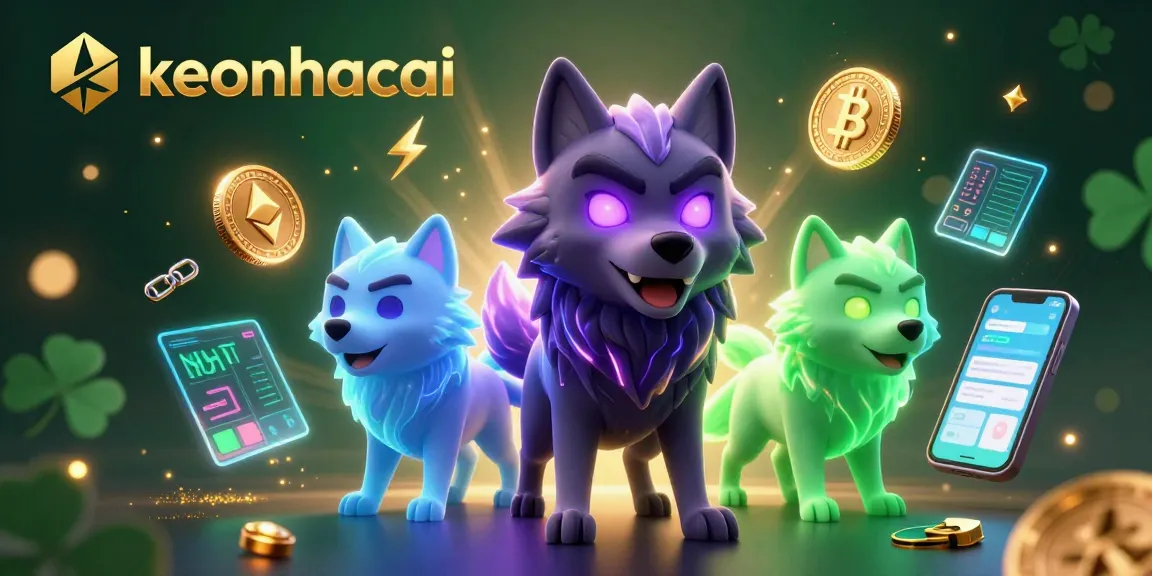 Engage with the keonhacai casino adventure featuring glowing wolf characters amidst vibrant cryptocurrency symbols.