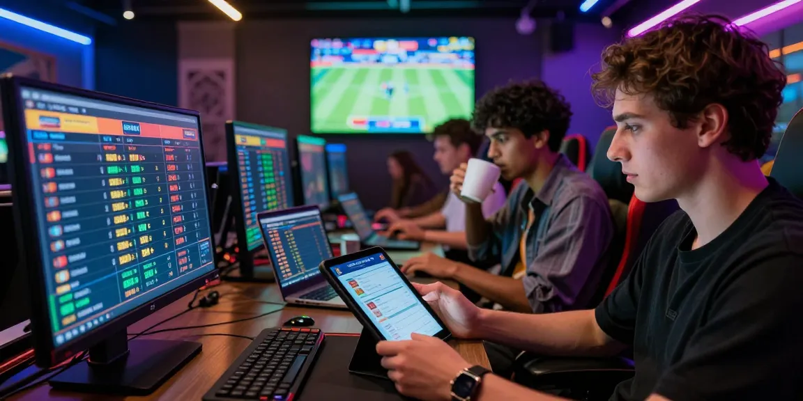 토토사이트 검증 먹튀스팟 users engaged in online betting at a modern lounge, reviewing odds and statistics.