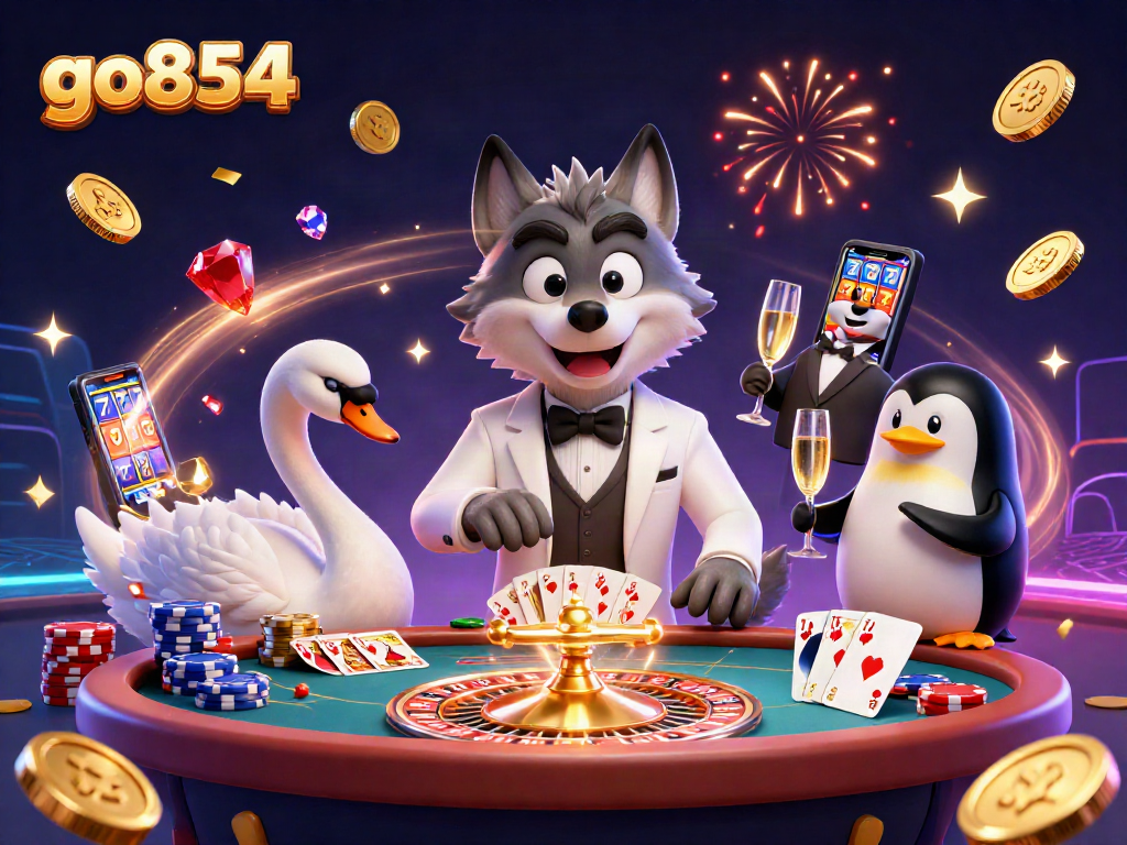 Celebrate wins with go854 at a dynamic casino scene featuring cartoon characters and gaming elements.