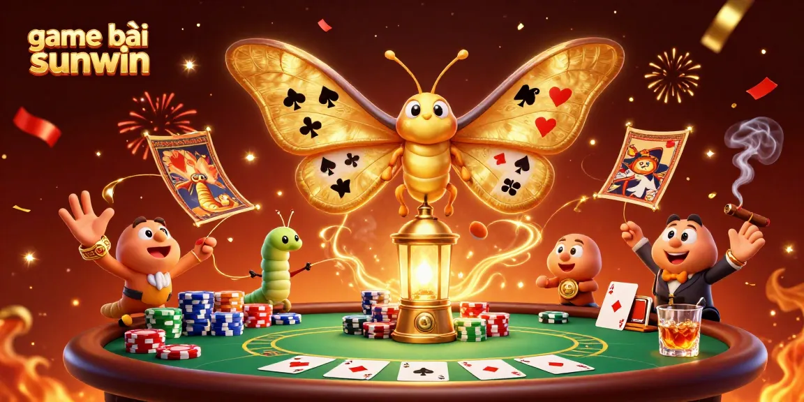 Experience thrilling gameplay with game bài sunwin in a vibrant casino scene featuring colorful poker elements and golden moths.