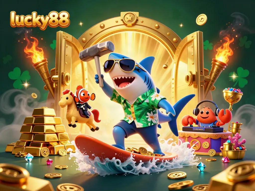 Experience the thrill of winning at lucky88 with vibrant casino-themed characters amidst golden treasures.
