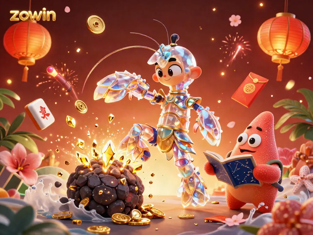 Engage in gaming excitement with a vibrant scene showcasing 'zowin' featuring a galactic shrimp amidst dazzling casino elements.