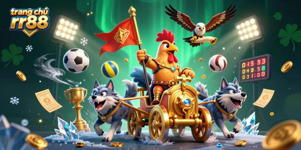 Experience dynamic gaming action at trang chủ rr88 featuring a rooster warlord amidst vibrant sports elements.