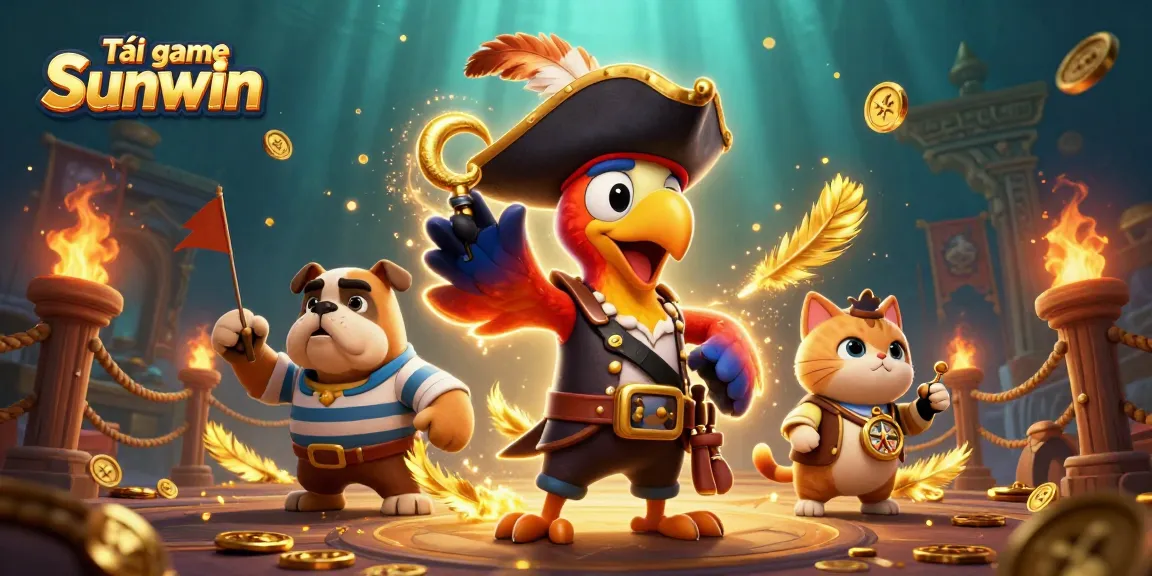 Tải game Sunwin: Engage with thrilling online gaming using a 3D pirate scene filled with gold coins and vibrant characters.