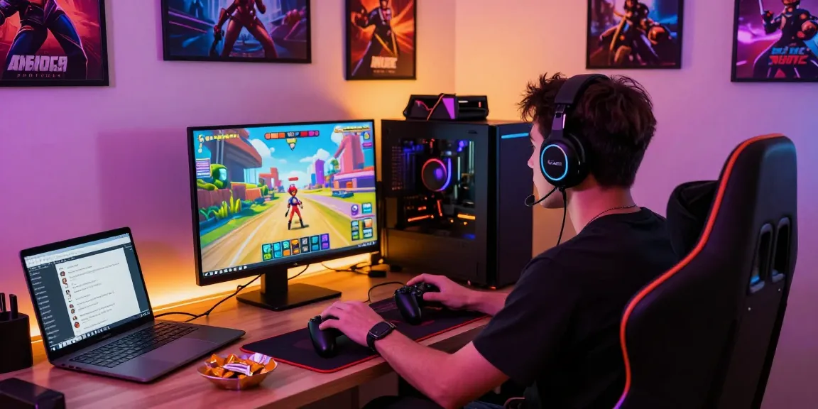 Engaged gamer enjoying an immersive html porn game with vibrant graphics and modern gaming setup.