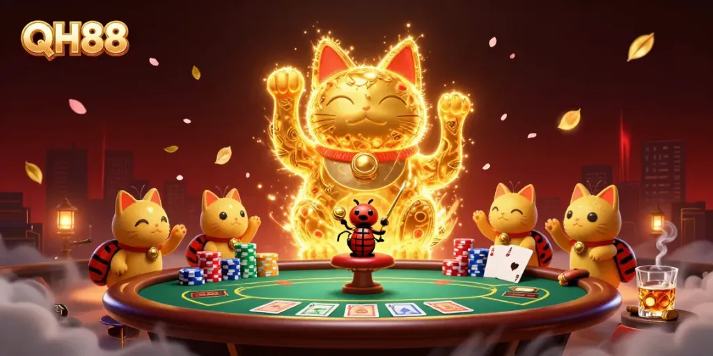 Experience the thrilling atmosphere of QH88 with a vibrant 3D lucky cat illustration and poker game elements.