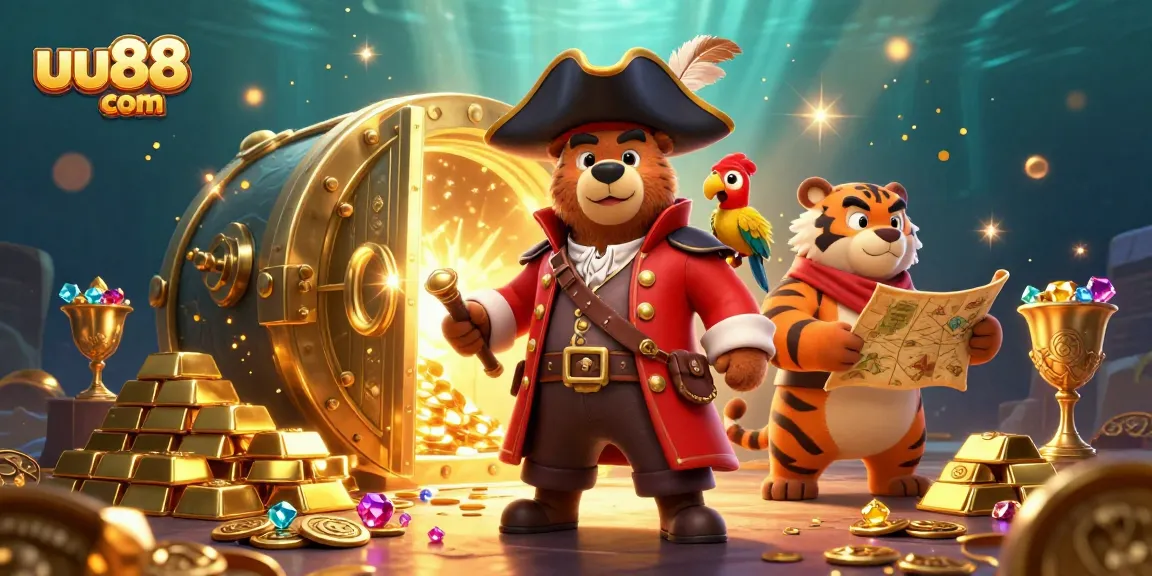 Experience the thrill of uu88 com with our playful pirate bear and tiger in a treasure-rich casino scene.