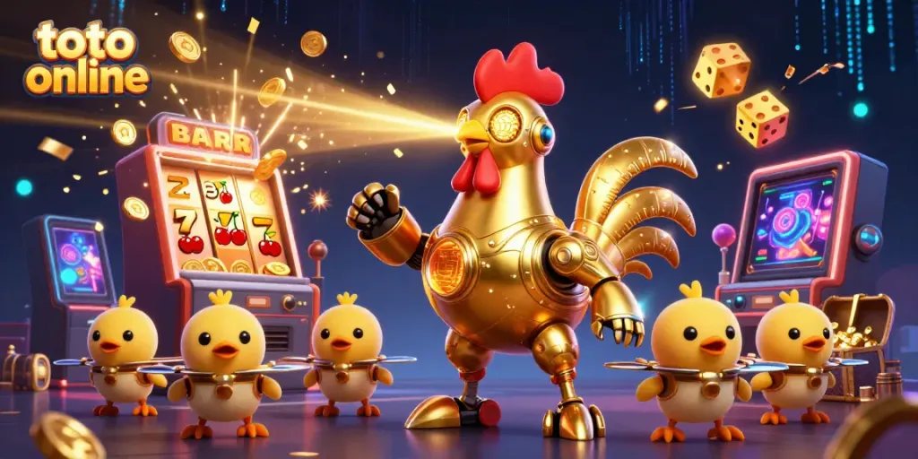 Win big with toto online games illustrated in a vibrant casino scene featuring a golden rooster robot.
