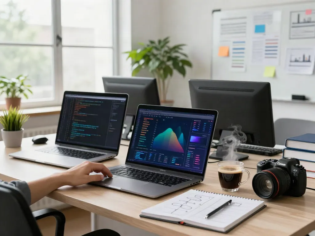 SEO specialist in a tech workspace reviewing instant indexing analytics.