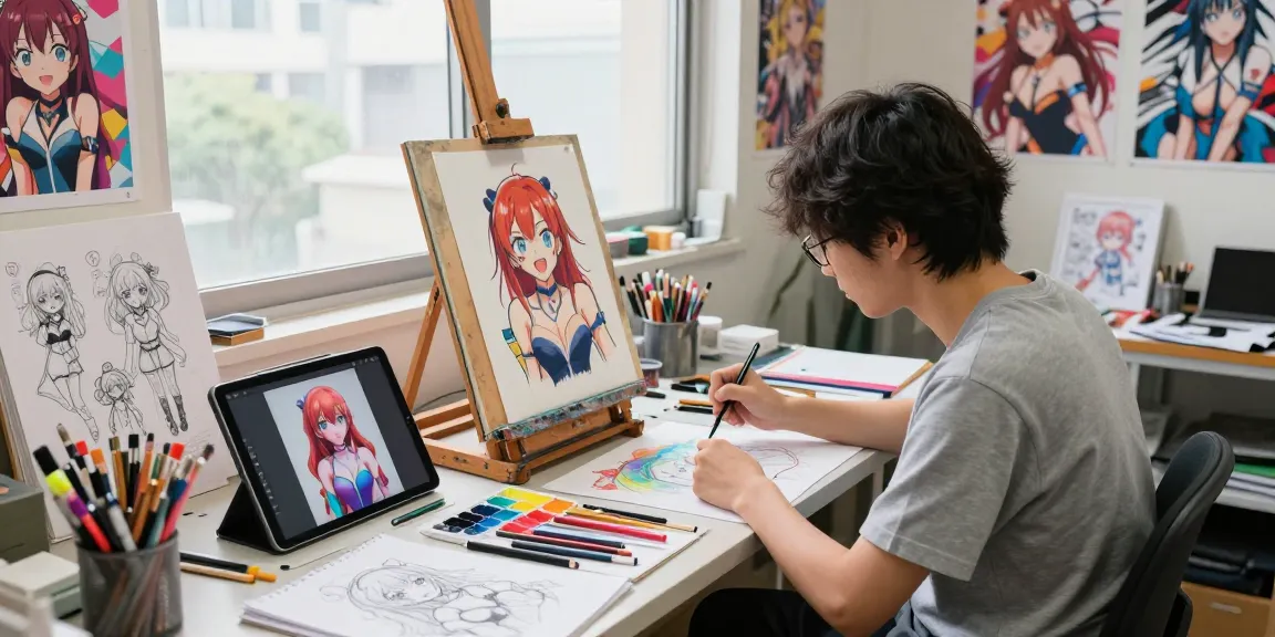 Create an ecchi AI character at a vibrant anime art studio filled with creativity.