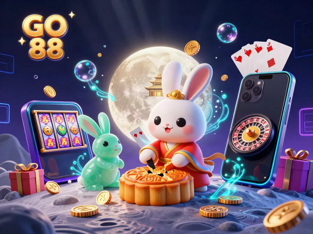 Experience the magic of GO 88 with a cartoon moon rabbit revealing poker chips in a vibrant 3D casino scene.