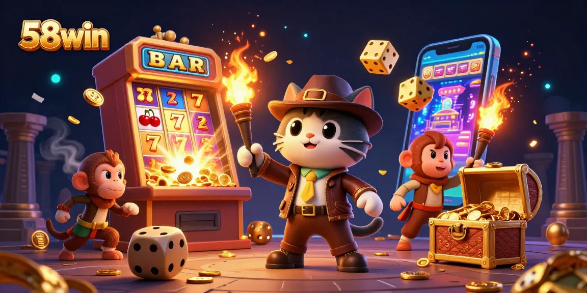 Win big with 58win in this vibrant casino adventure illustration, showcasing thrilling jackpot elements.