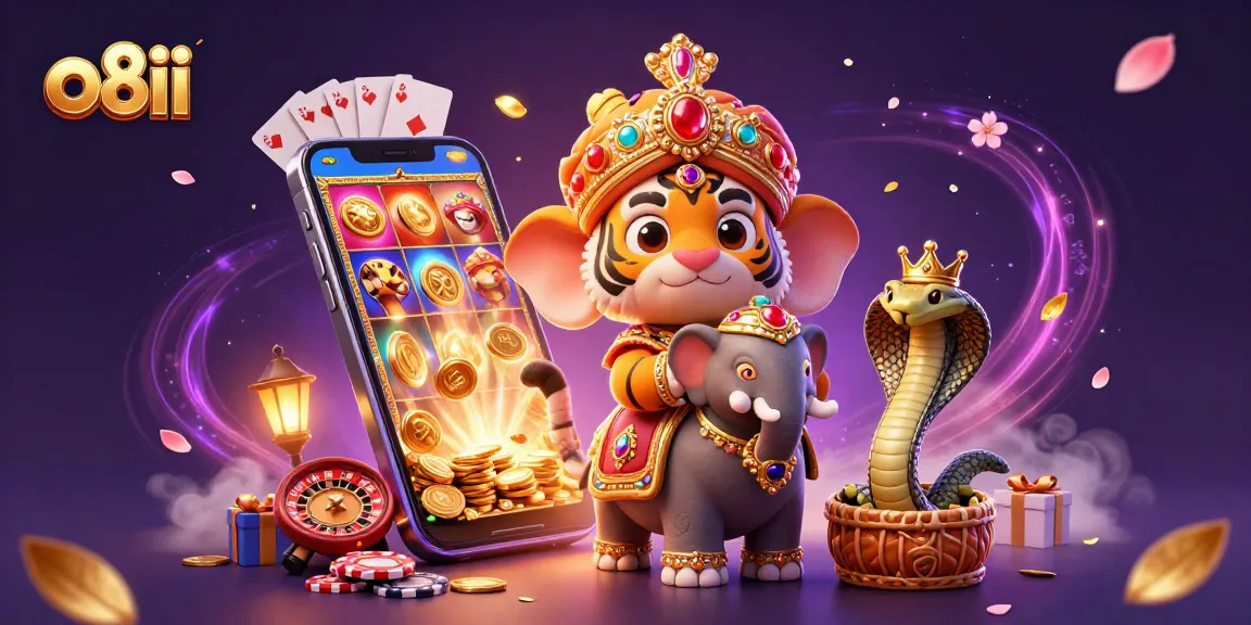 Play slots and win big with o8ii at this vibrant 3D casino adventure featuring tiger and elephant.