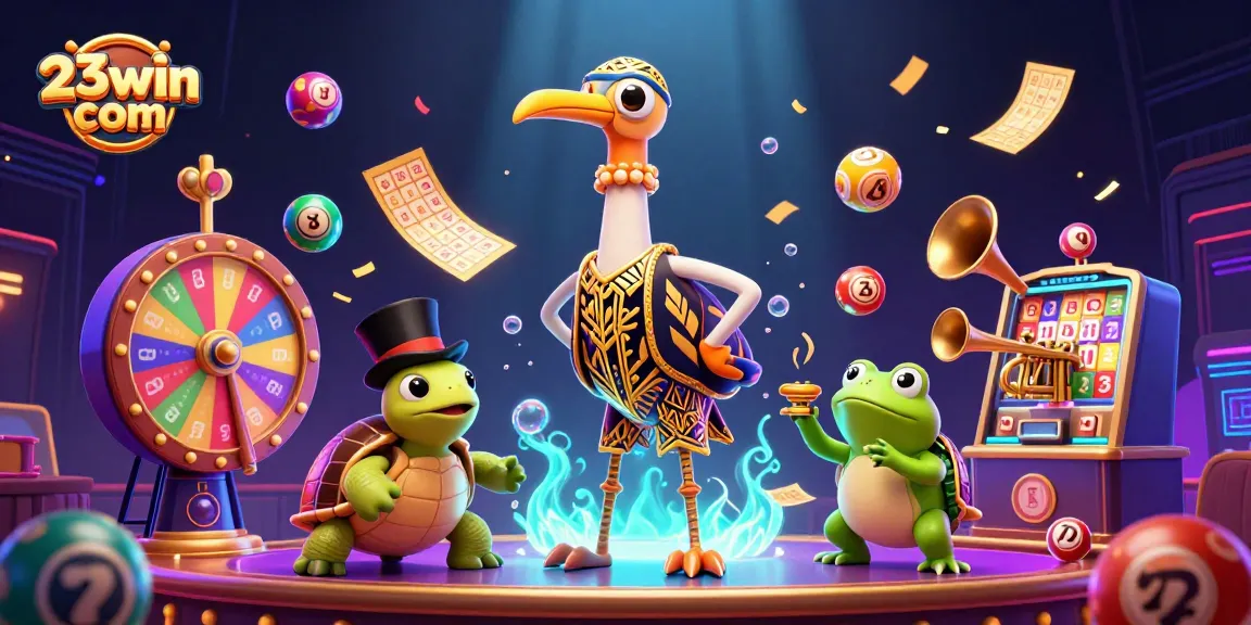 Experience the excitement of 23win com with dynamic colorful lottery elements in a vibrant casino scene.