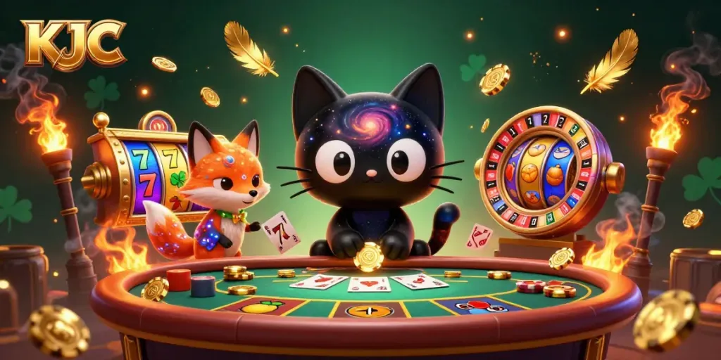 KJC captures the excitement at a cosmic casino table, featuring dynamic slot reels and vivid characters.