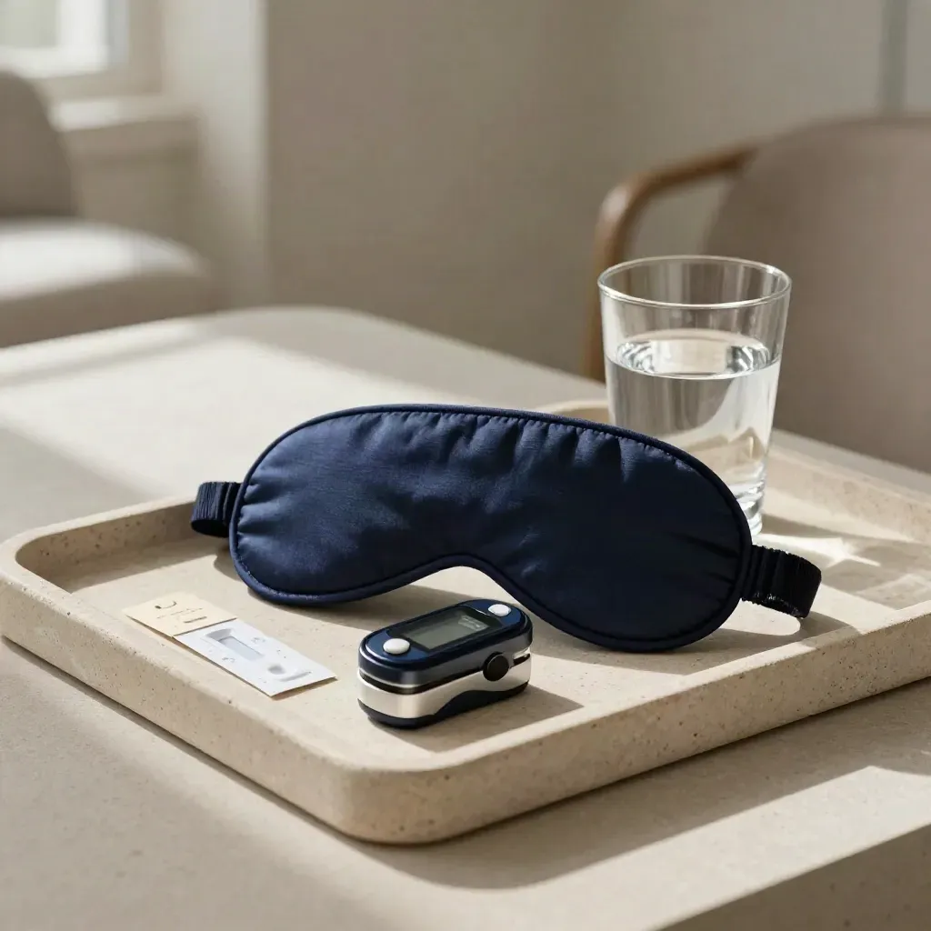 Assessment tray with sleep mask, pulse oximeter, face-down test cards and water beside a chair.