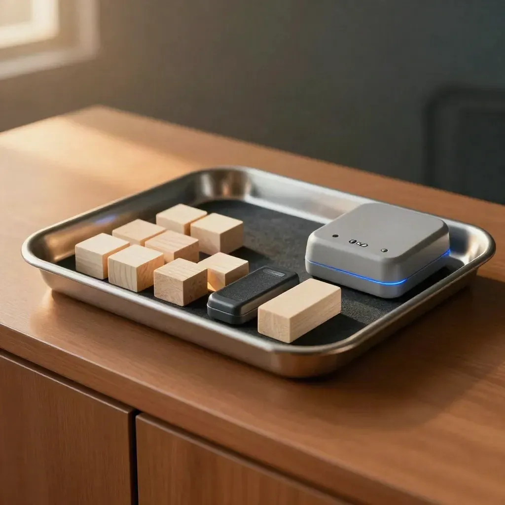 Cognitive testing tray with blocks, response keys, and a timing device in warm late-afternoon light.