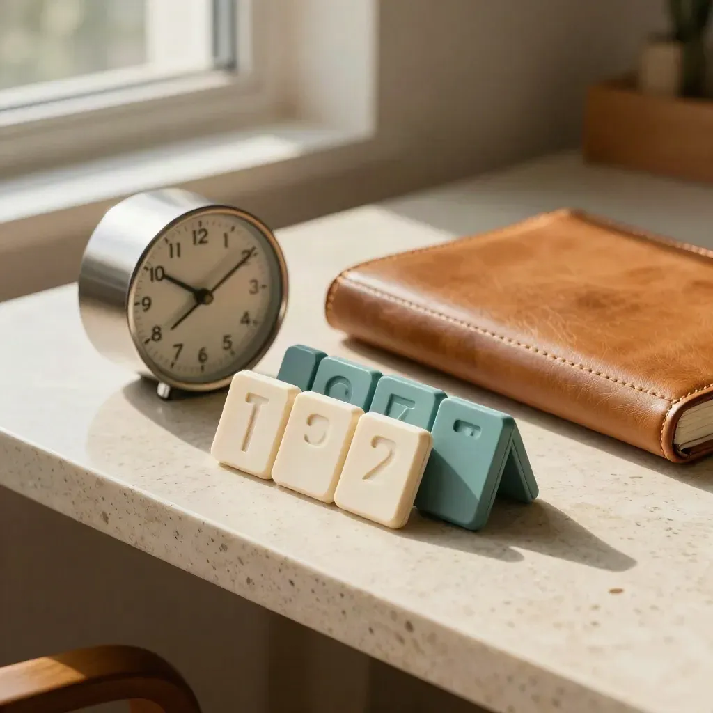 Executive coaching planning kit with magnetic tiles, desk clock and leather notebook on travertine