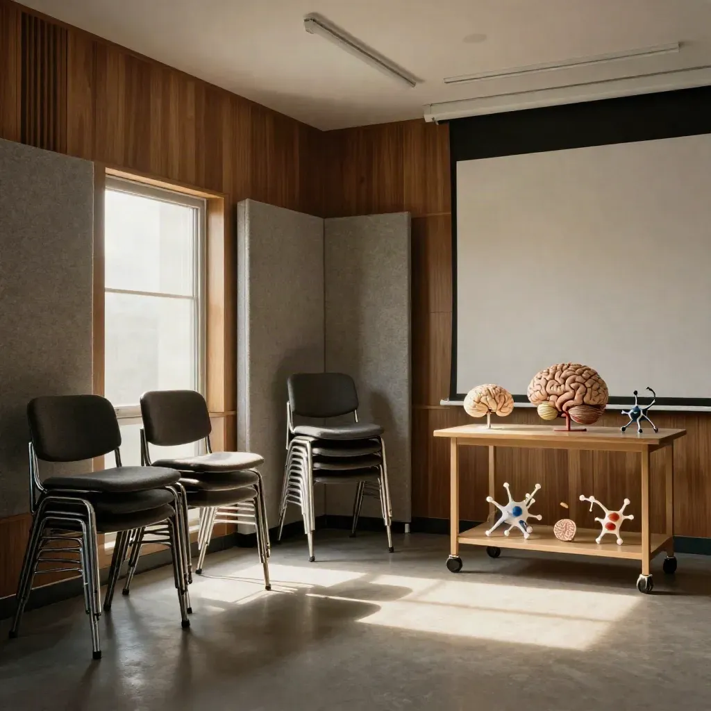 Reset neuroscience workshop room with stacked chairs, brain models, acoustic screen and blank wall.