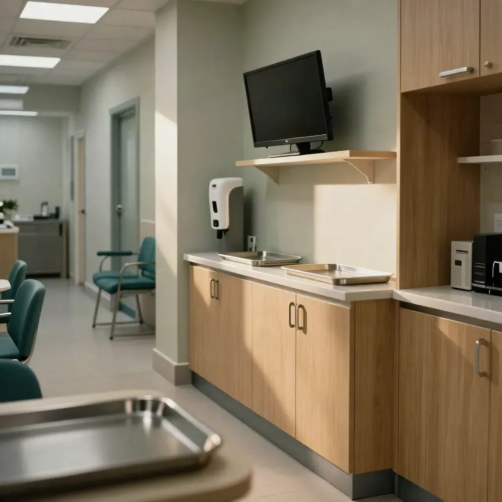 Empty clinic triage corner with ready trays, dark monitor and teal chair rails in warm light.