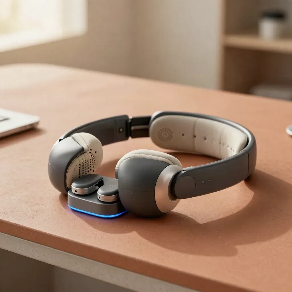 EEG headset and sensor pods on a terracotta demo stand with a faint blue glow
