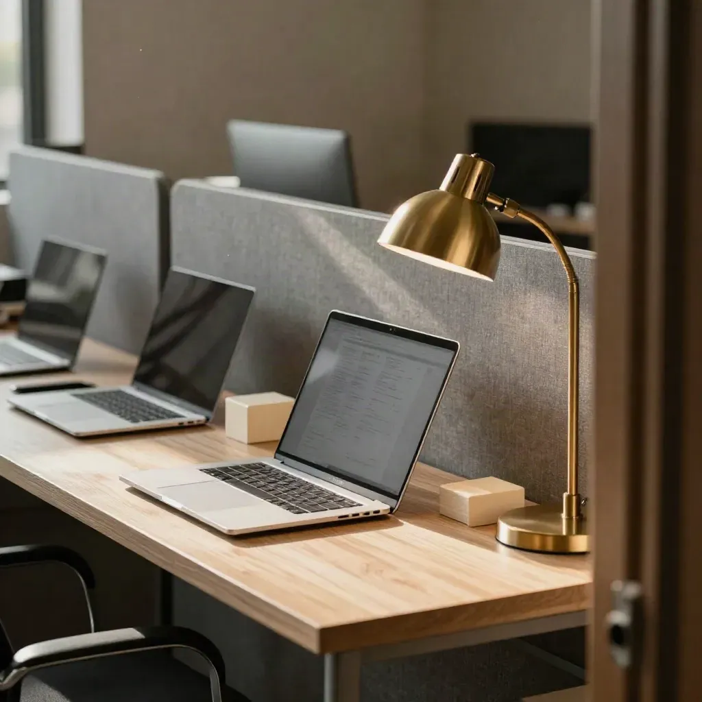 Warm office with closed laptops, face-away task board, and a glowing desk lamp