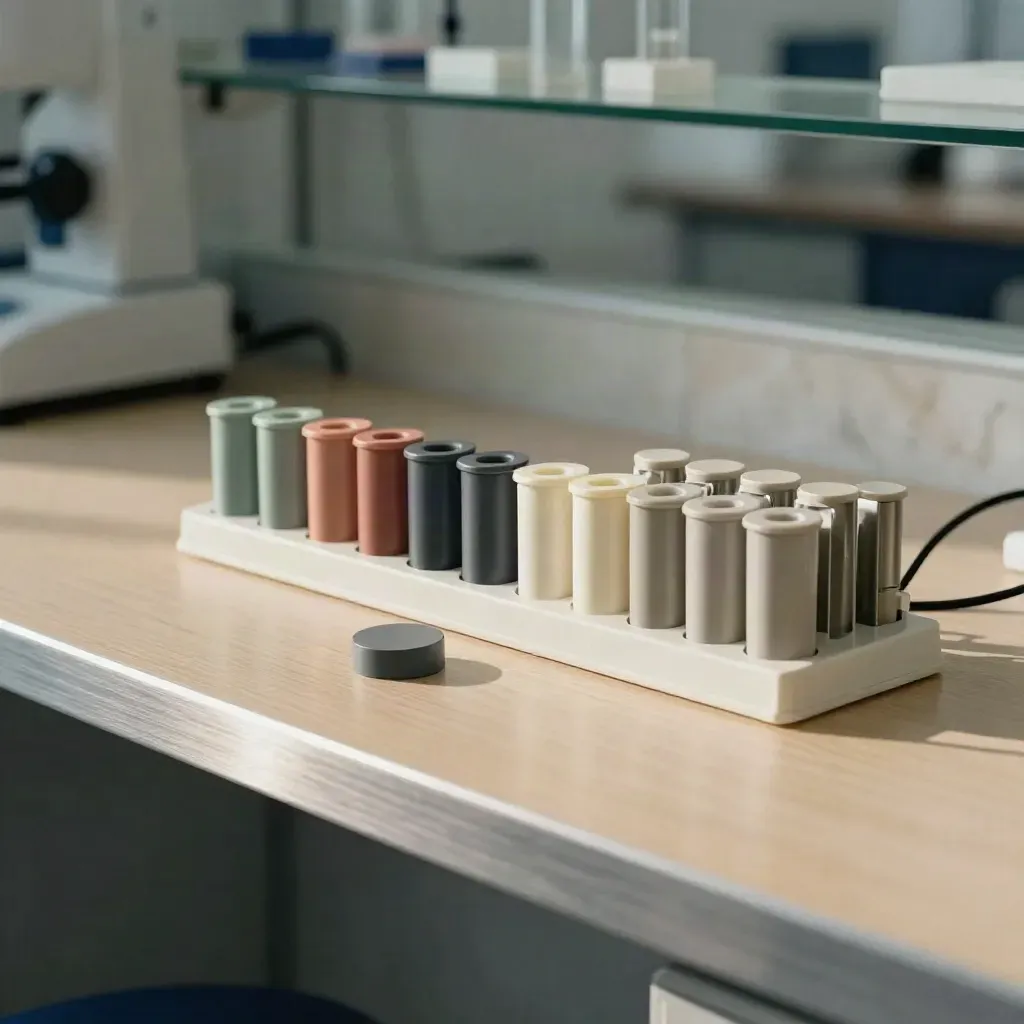 Neuroscience research bench with sample holders, calibration puck, and data cartridges in daylight.