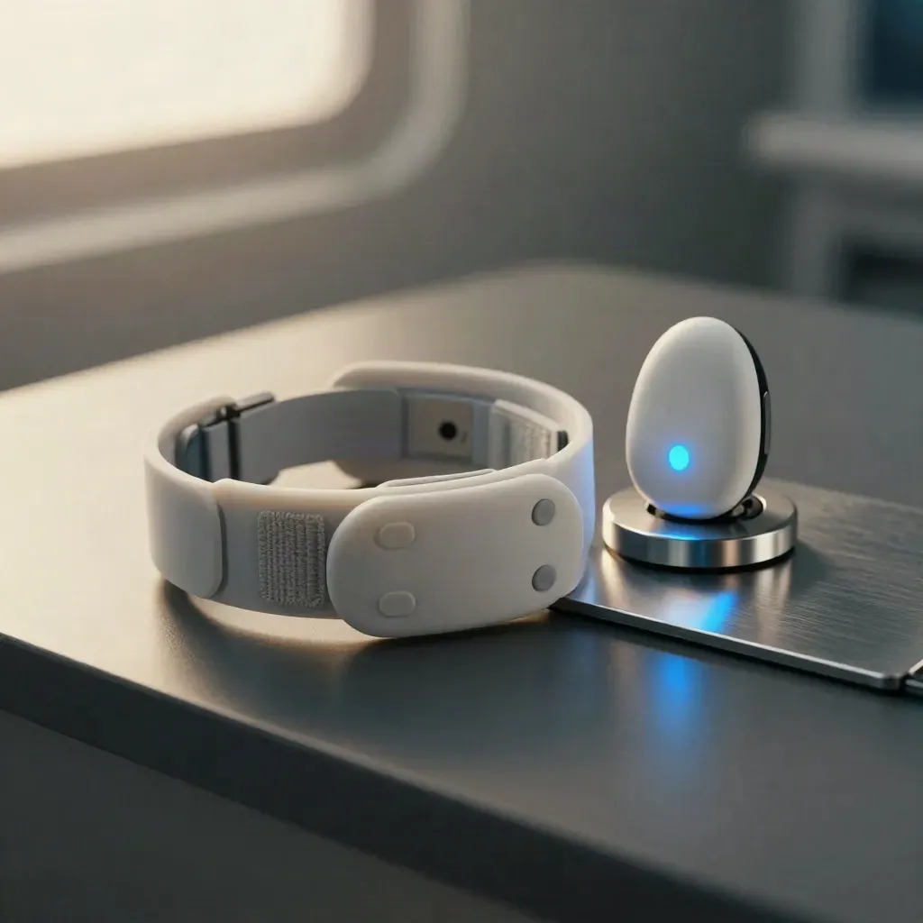 EEG band, sensor puck and charging cradle on a pewter mat with blue status glow.