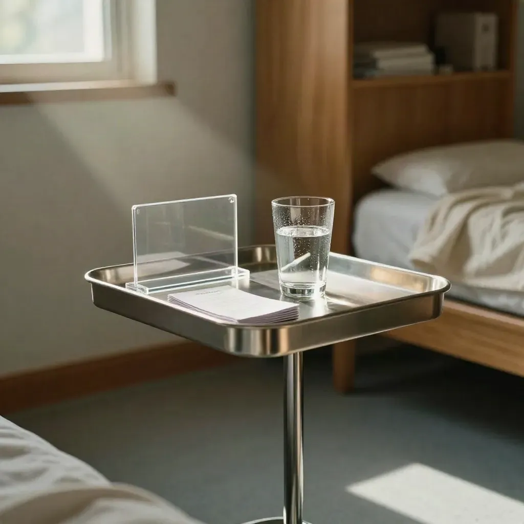 A calm care room tray with a clear instruction holder and water in warm cinematic light.