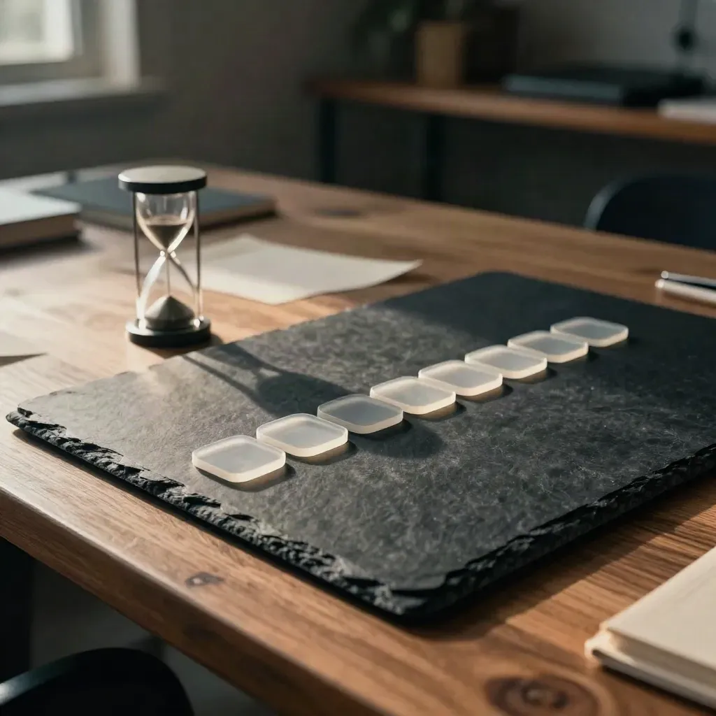 Magnetic coaching tokens, sand timer, and slate planning board on walnut surface.