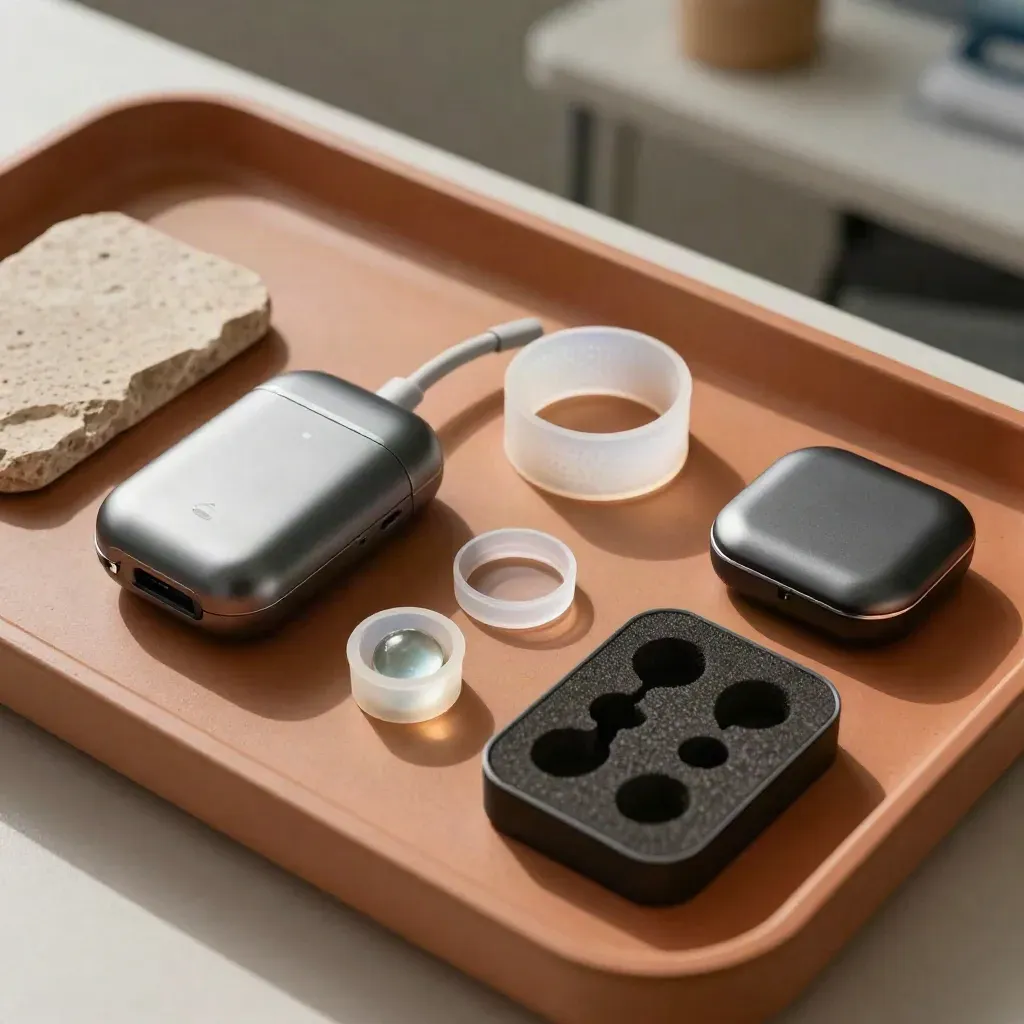 Overhead neurotech kit: wireless EEG module, silicone cap liner, charger and foam inserts on terracotta.