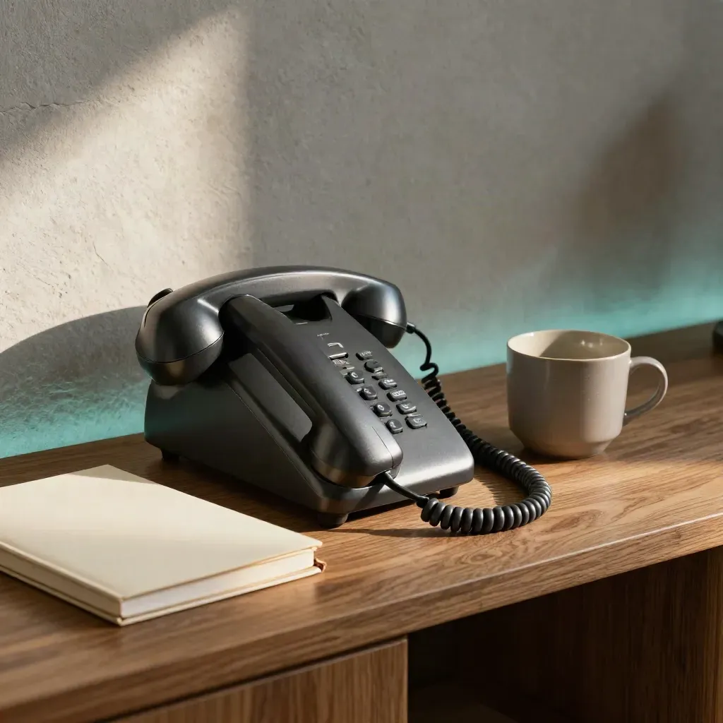 Desk phone, cream notebook and ceramic cup on oak ledge with soft teal glow
