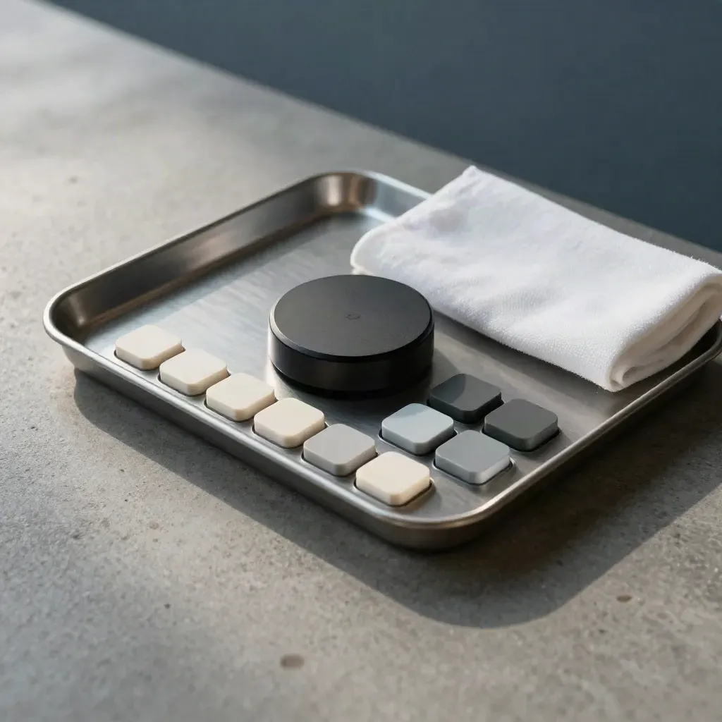 Top-down tray with sensor puck, buttons, and muted calibration tiles on concrete.