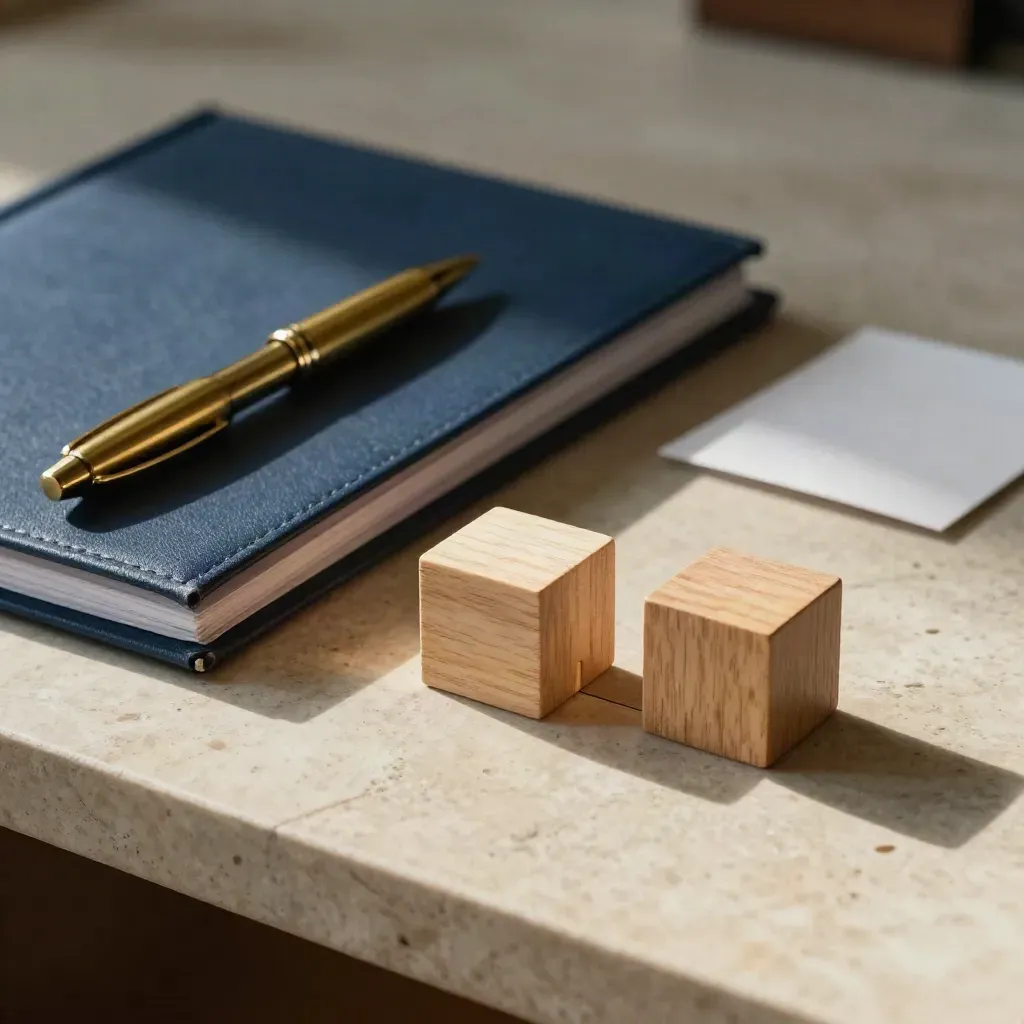 Closed folder, brass pen and wooden decision blocks on limestone with soft side light.