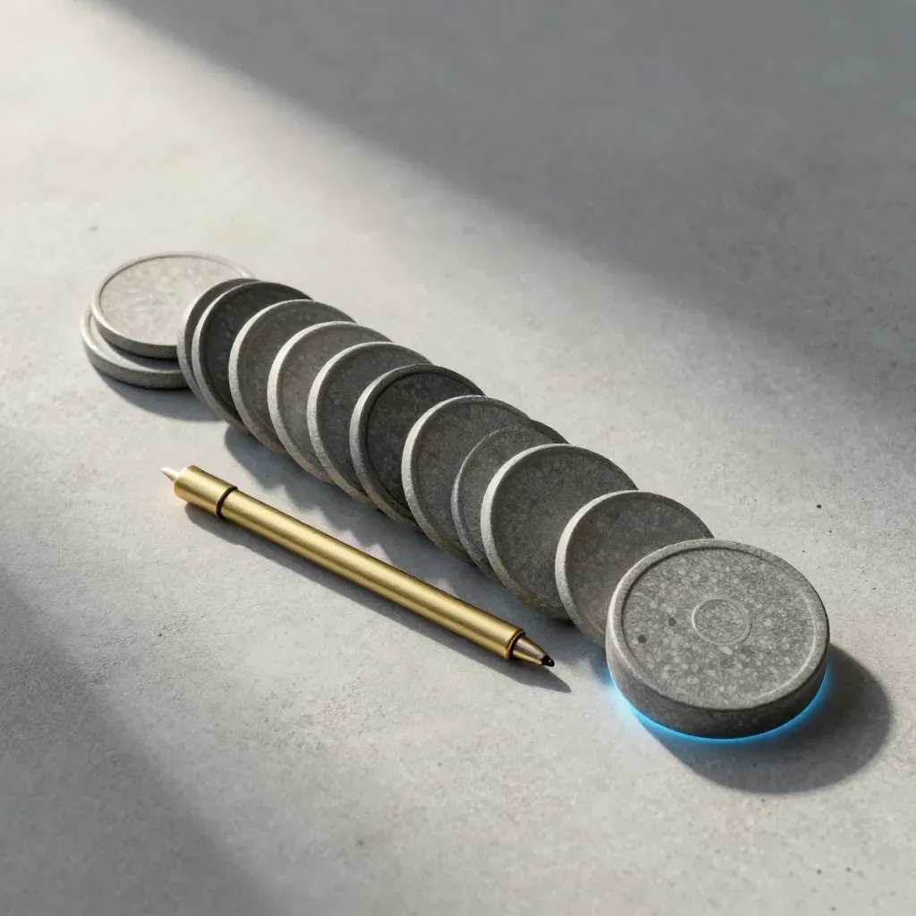 Overhead flatlay of pebble tokens, brass marker and circular progress puck on pale concrete.