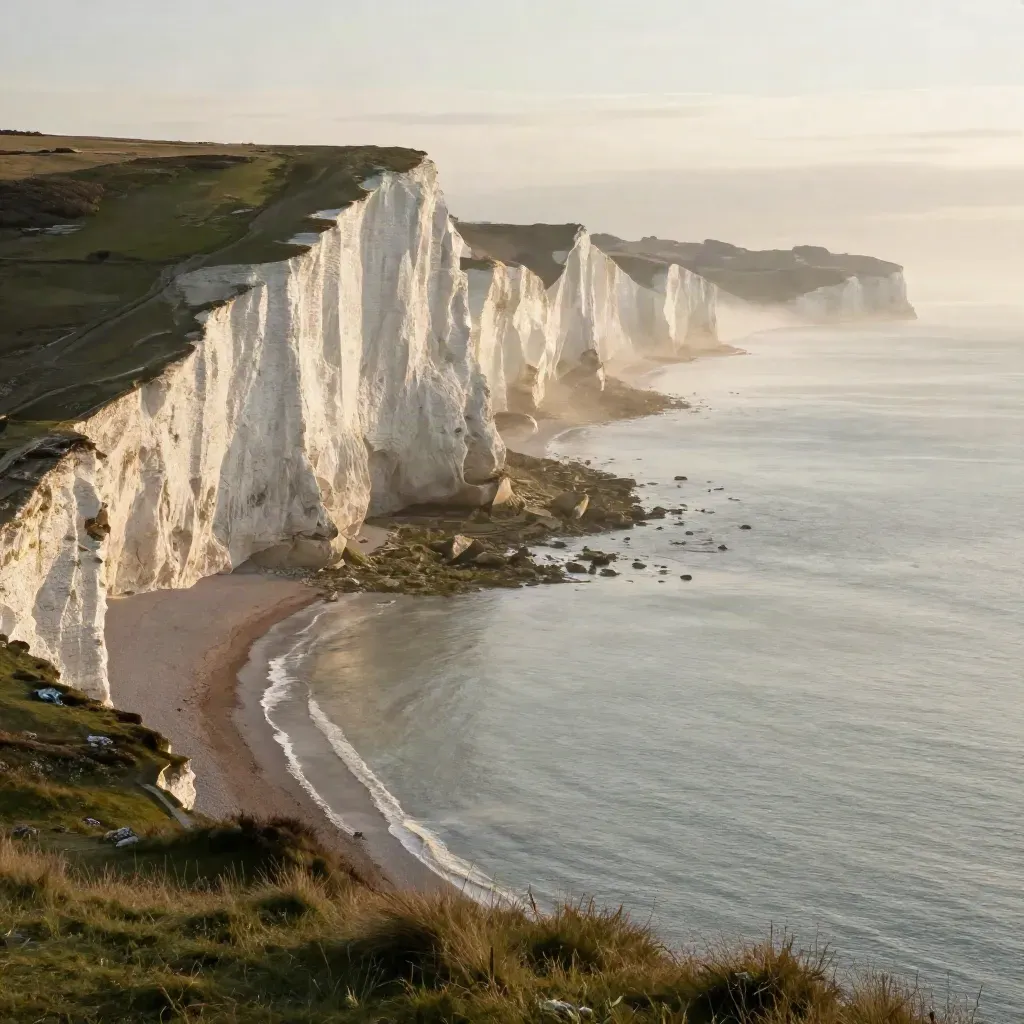 Seven Sisters cliffs above a misty glassy sea at sunrise