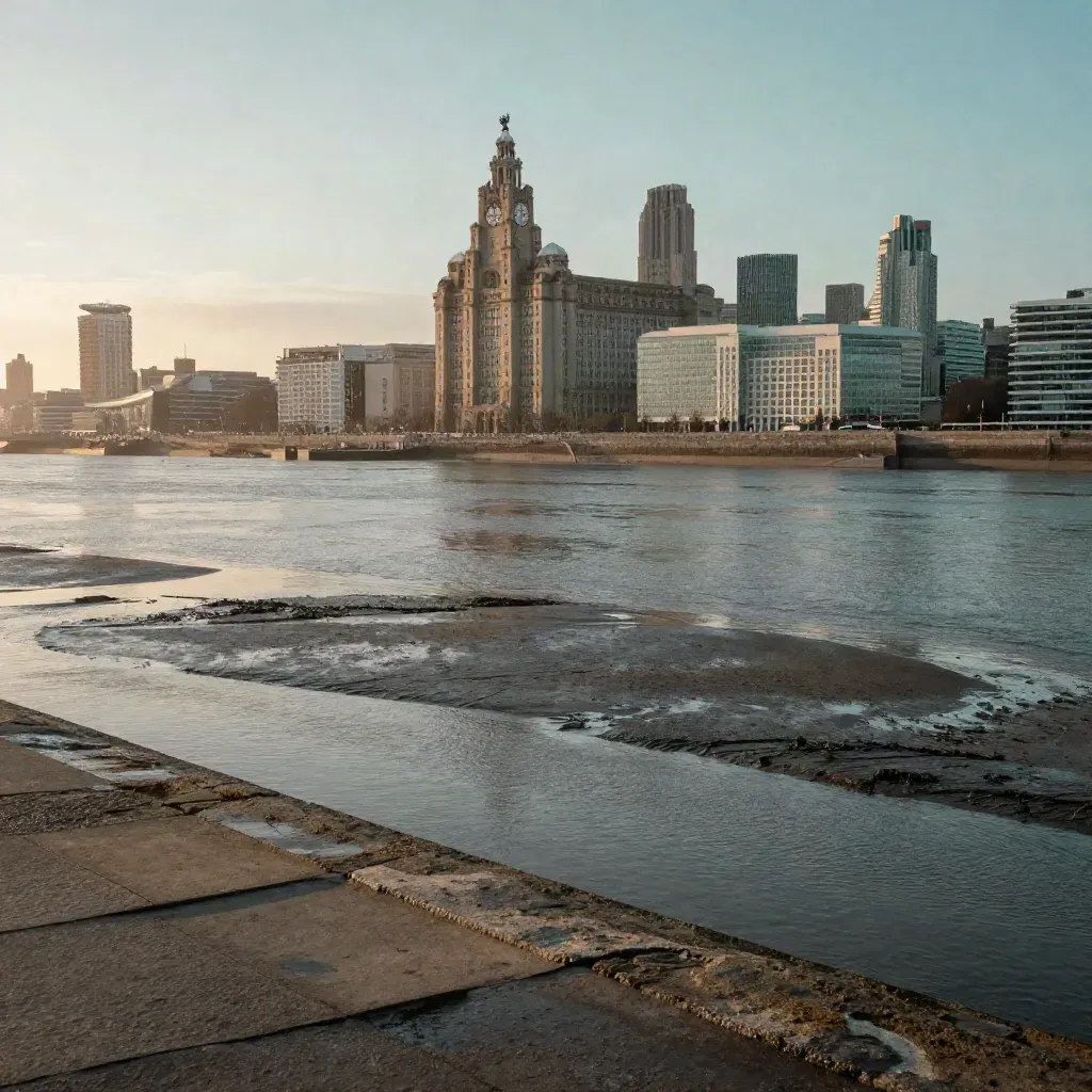 Liverpool skyline over the Mersey at dusk, with tidal flats, stone edges, and warm haze.