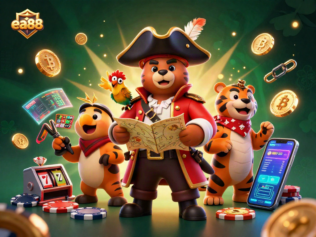 Engage with exciting ea88 casino action featuring a pirate bear, tiger, and treasure elements.