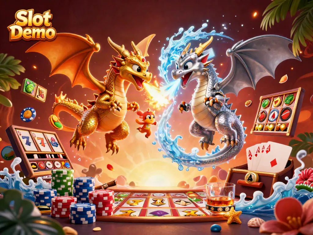 Engage with Slot Demo games as golden and silver dragons showcase thrilling action in a vibrant casino scene.